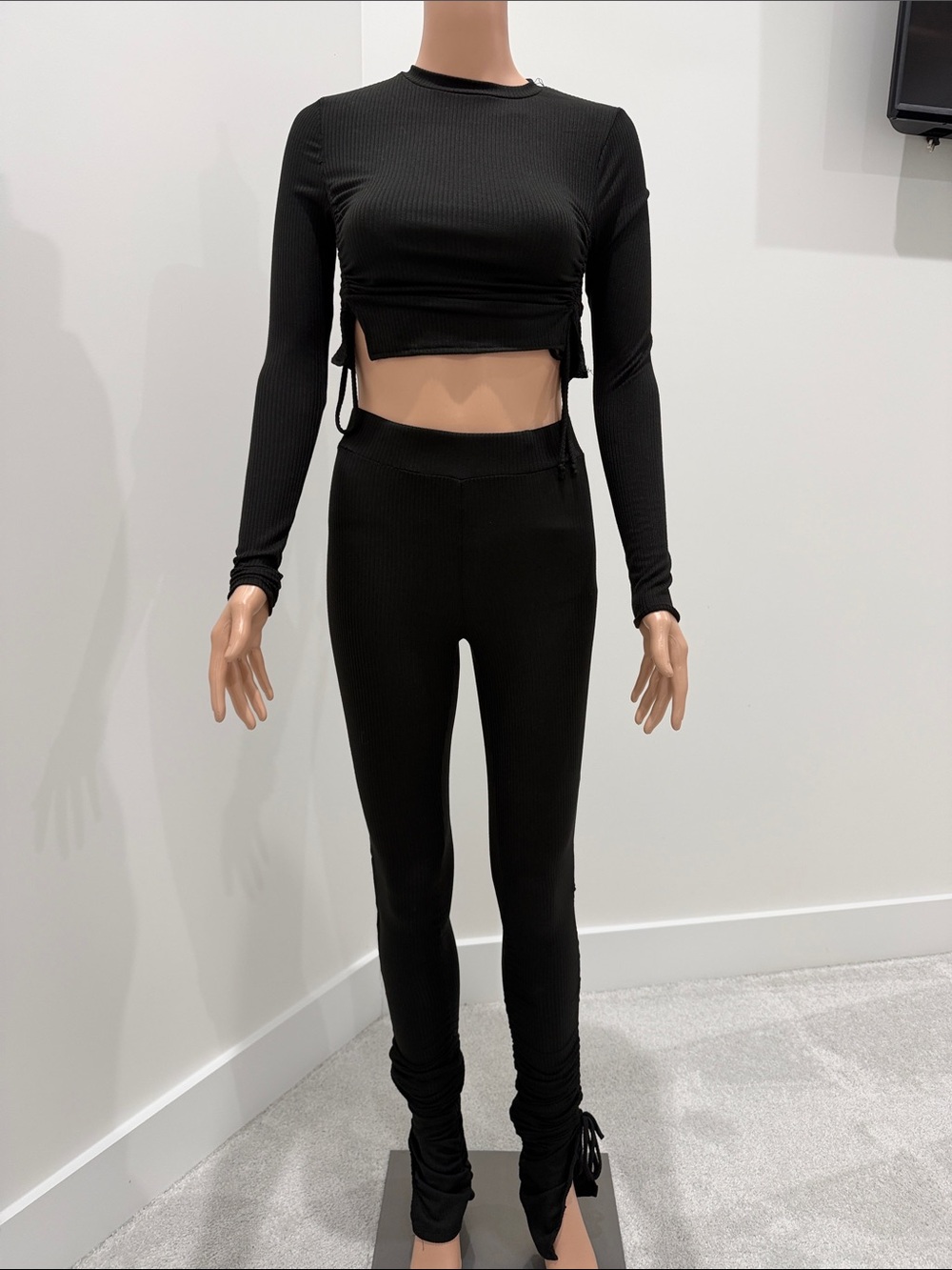Black Ribbed Long-Sleeve Crop Top & Legging Set